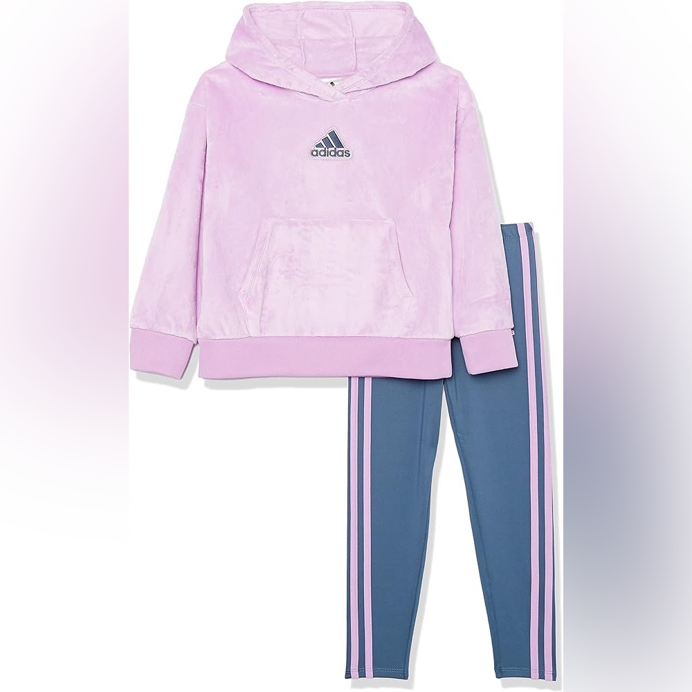 NWT adidas Girls 2-Piece Purple & Gray Silken Fleece Hooded Pullover Tight Set